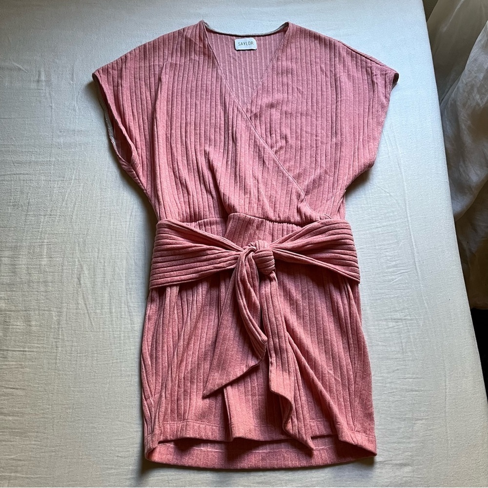 Saylor pink rib knit belted sleeveless mini dress